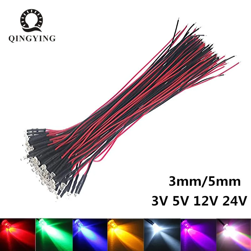 Light Beads 50pcs 3V 5V 12V 24V DC 3mm 5mm Water Clear LED Diodes Red/Green/Blue/Yellow/UV/Orange/Pink/Warm/White/RGB Pre-Wired 20cm Cable