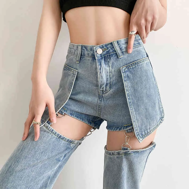 Ontwerp sexy patchwork afneembare jeans metalen gesp knippen retro hoge taille denim broek brede been shorts en broeken 210521