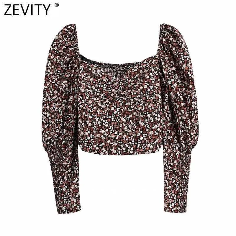 Zevenity vrouwen vintage plooien bladerdeeg mouw bloem print korte blouse vrouwelijke elastische shirts chique chemise blusas tops LS7540 210603