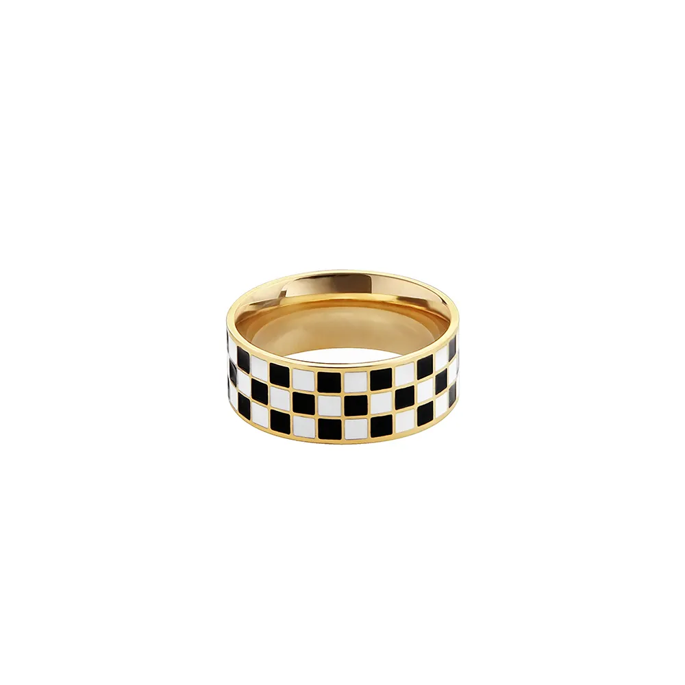 Light Luxury Niche Design Black And White Checkerboard Ring Titanium Steel Plating Gold Edge Ins Cold Jewelry