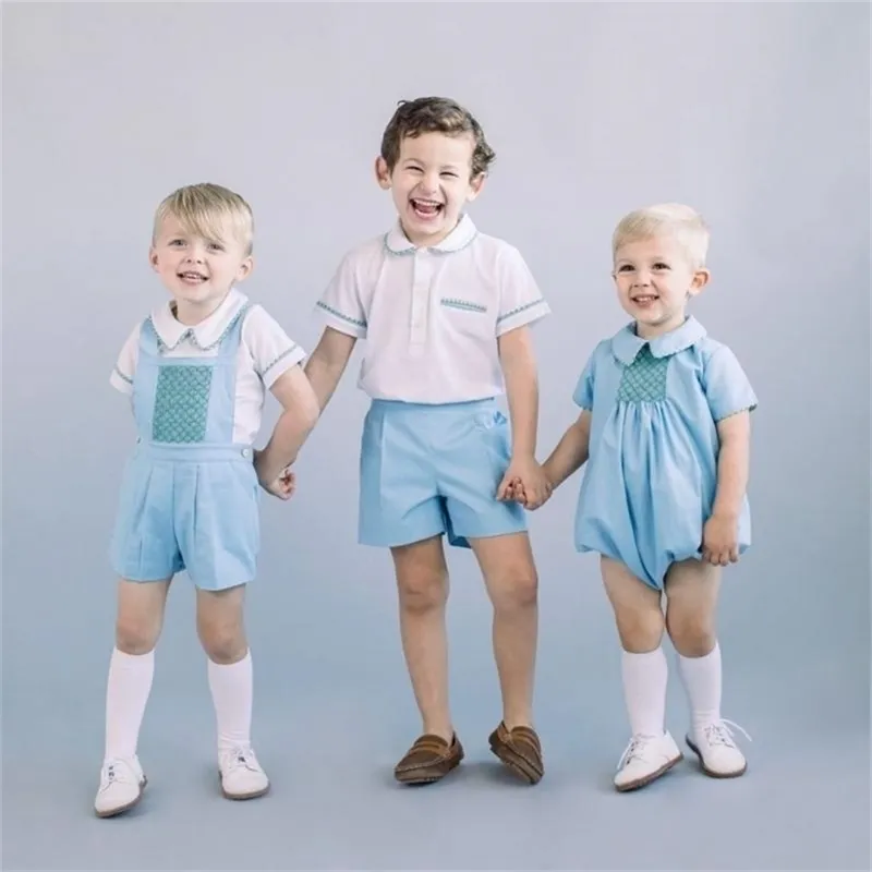 2 stks Spaanse kleding voor babyjongen boutique kleding set baby verjaardagspartij pak peuter gesmokte pakken broer's outfit 210326