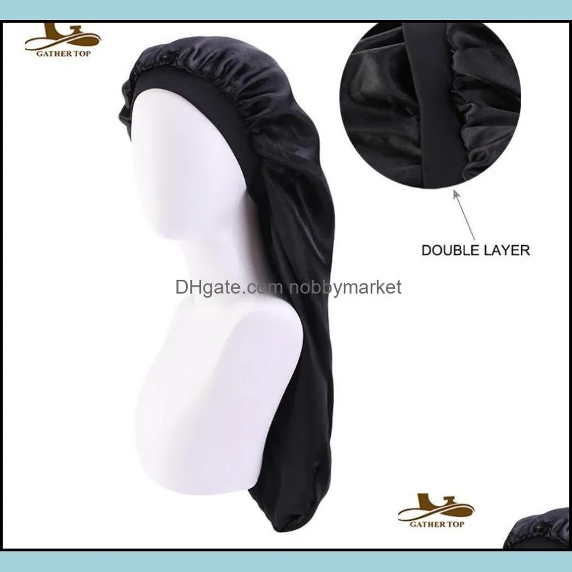 65CM Extra Long imitate Satin Bonnet Sleep Cap Long Bonnet for Braids Hot Women Pure color printed Silky Hair Loose Cap Wholesale C340
