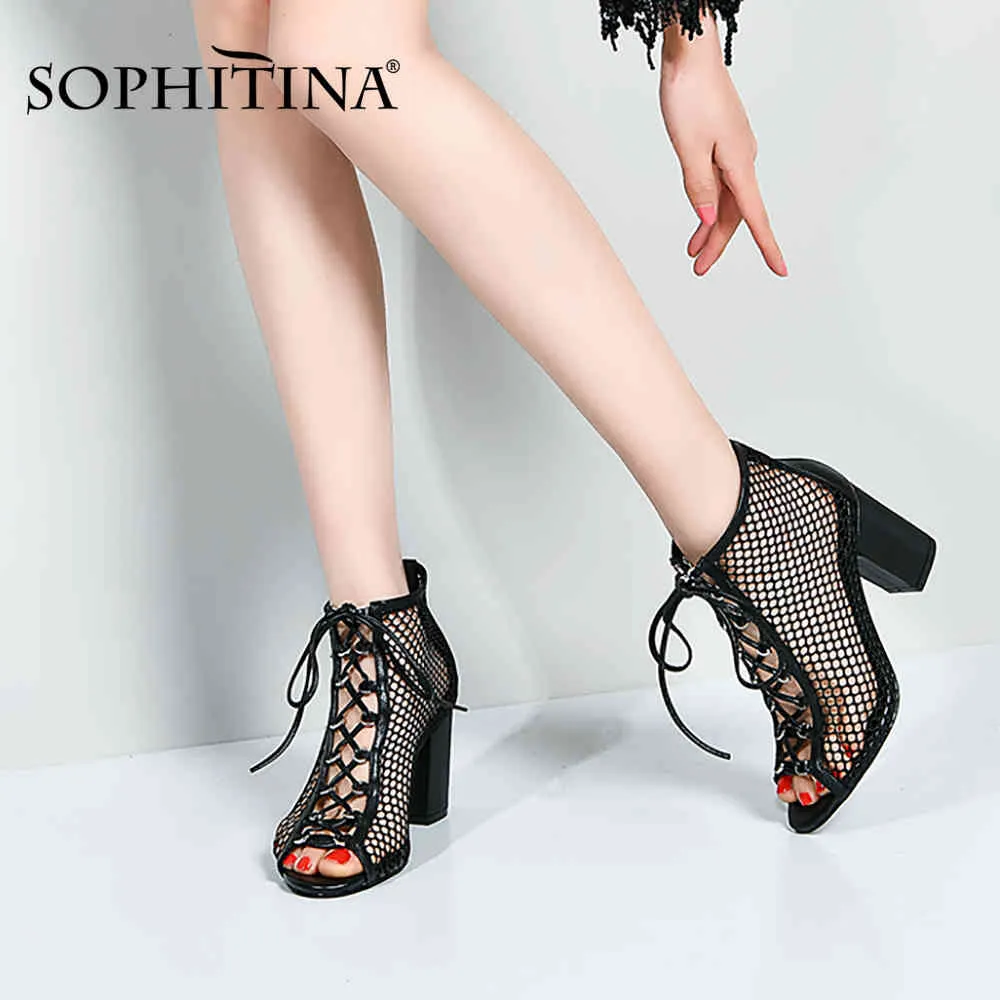 Sophitina Ankleブーツオープントゥレースアップカットアウト通気性レザースクエールヒールブラウンセクシーな夏ブーツ女性の靴PO714 210513