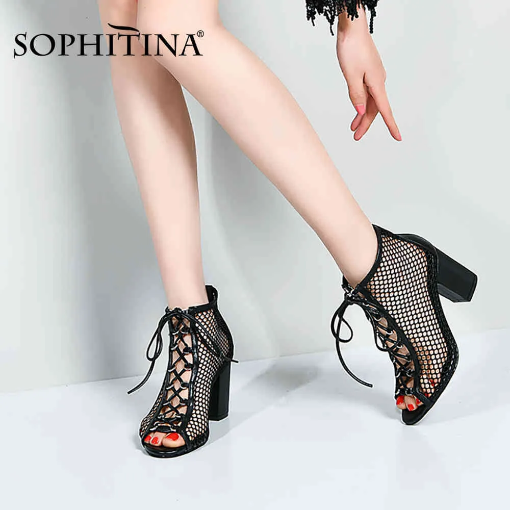 Sophitina Ankel Boots Open Toe Lace Up Cutout Andningsbara Läder Kvadratklackar Brun Sexig Sommar Stövlar Kvinnors Skor PO714 210513