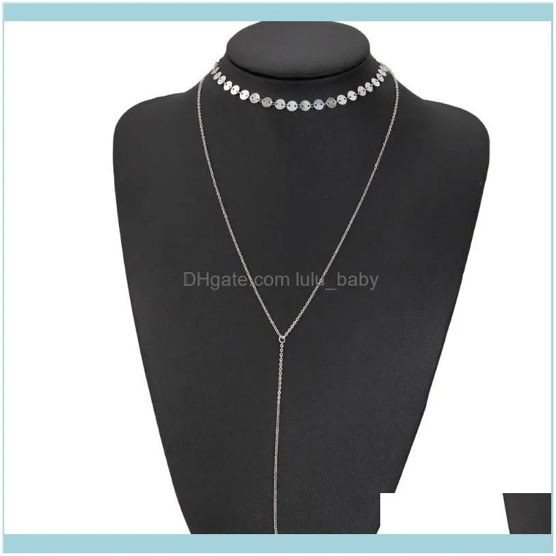 Pendant Necklaces Gold Color Silver Plated Sequins Chokers Crystal Charm Long Tassel Double Layers For Women Jewelry Accessories