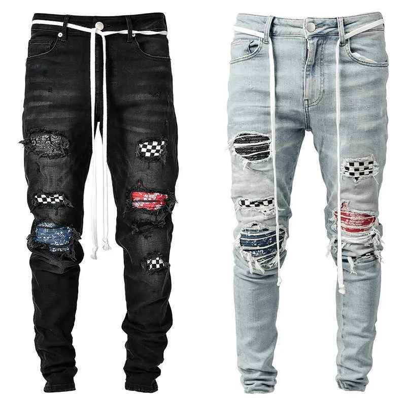 Черные джинсы скинни мужчины разорванные пэчворки сетки растягиваемые джинсовые брюки Эластичные брюки хип