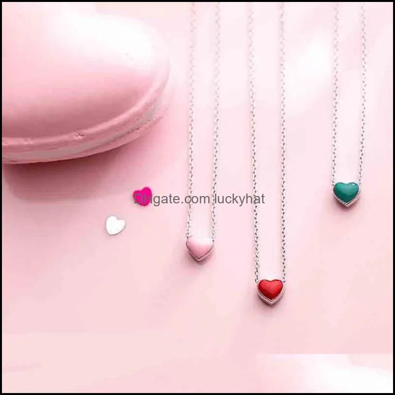 Red Pink Green Enamel Hearts Pendant Necklace for Women Statement Fine Silver Jewelry Collar