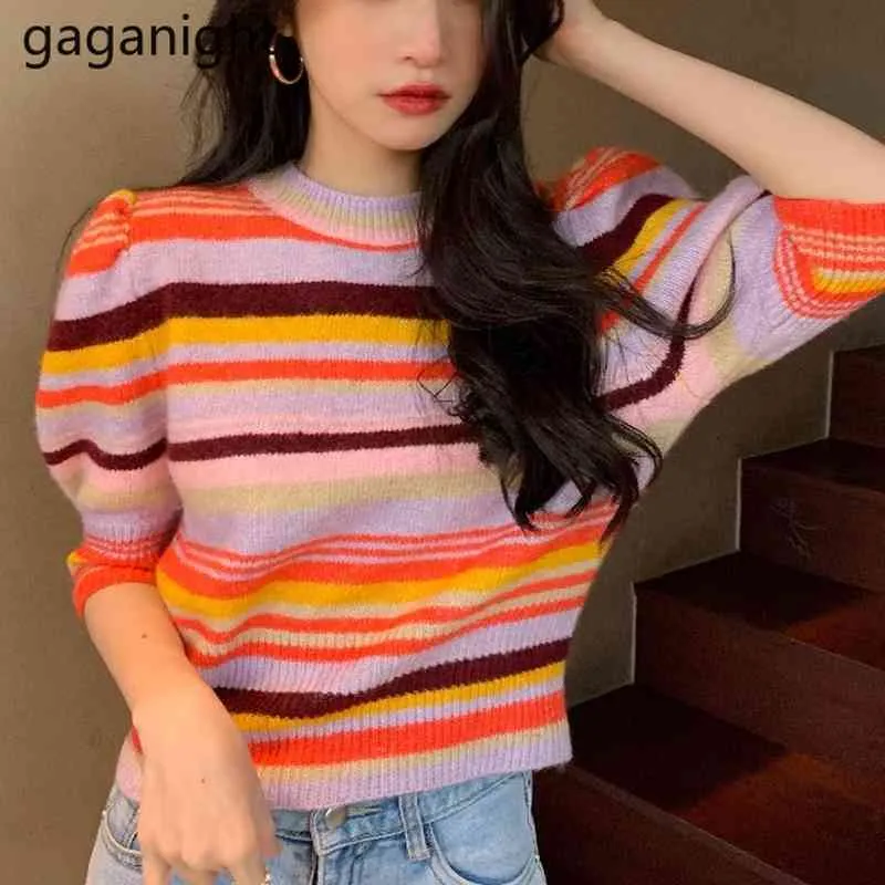 Gaganight Mulheres Cropped Crown Sweater Spring Spring Manga Meia O-pescoço Pullover Tops All-Match Ladies Ladies Jumper Pull Femme 210519