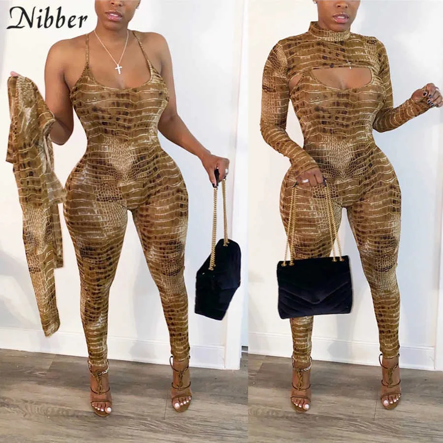 Nibber Sexy Snake Imprimir Sling Jumpsuits T-shirt 2Two Peça Sets Mulheres Clube Party Wear Outono New Street Jumpsuit Top Terno Top Terno Feminino Y0625