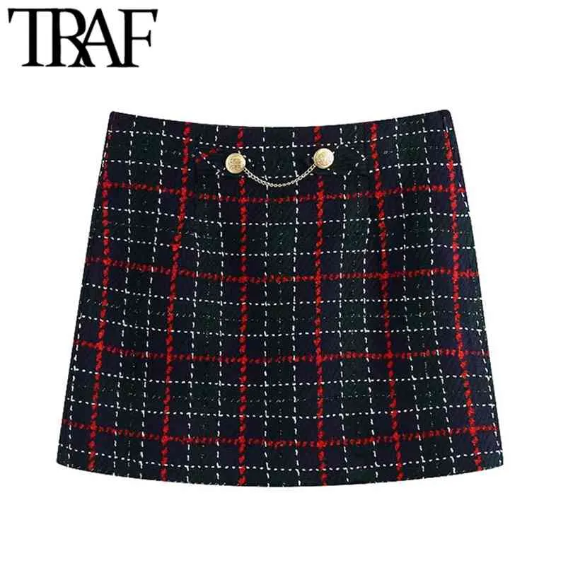 Minifalda a cuadros de Tweed con cadena de Metal para Mujer, minifalda Vintage de cintura alta con cremallera lateral, faldas para Mujer 210507