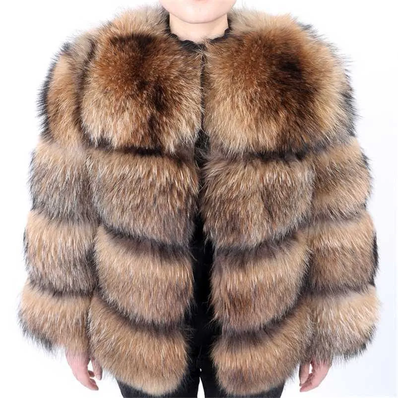 Maaokong Winter Style Jacket damska Gruba Fur Coat Real Raccoon Fur Kurtka Wysokiej Jakości Raccoon Futro Round Neck Ciepłe 211122