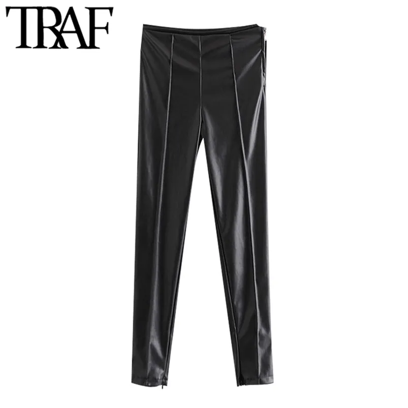 Femmes Mode Faux Cuir Skinny Pantalon Vintage Taille Haute Fermeture Éclair Latérale Femme Cheville Pantalon Mujer 210507