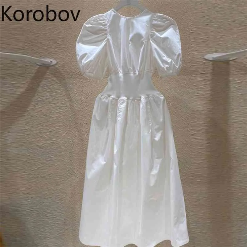 Коробов Корейский новый поступление слоеного рукава о шеи женские платья винтажные высокие талии твердые элегантные платья повседневная MIDI халат Femme 2A494 210430