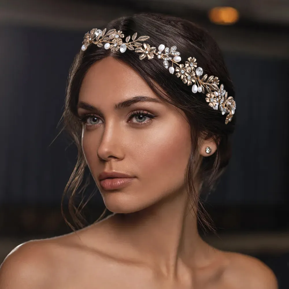 HP355 Rose Gold Flower Bride Headdress Pearl Wedding Hair Jewelry