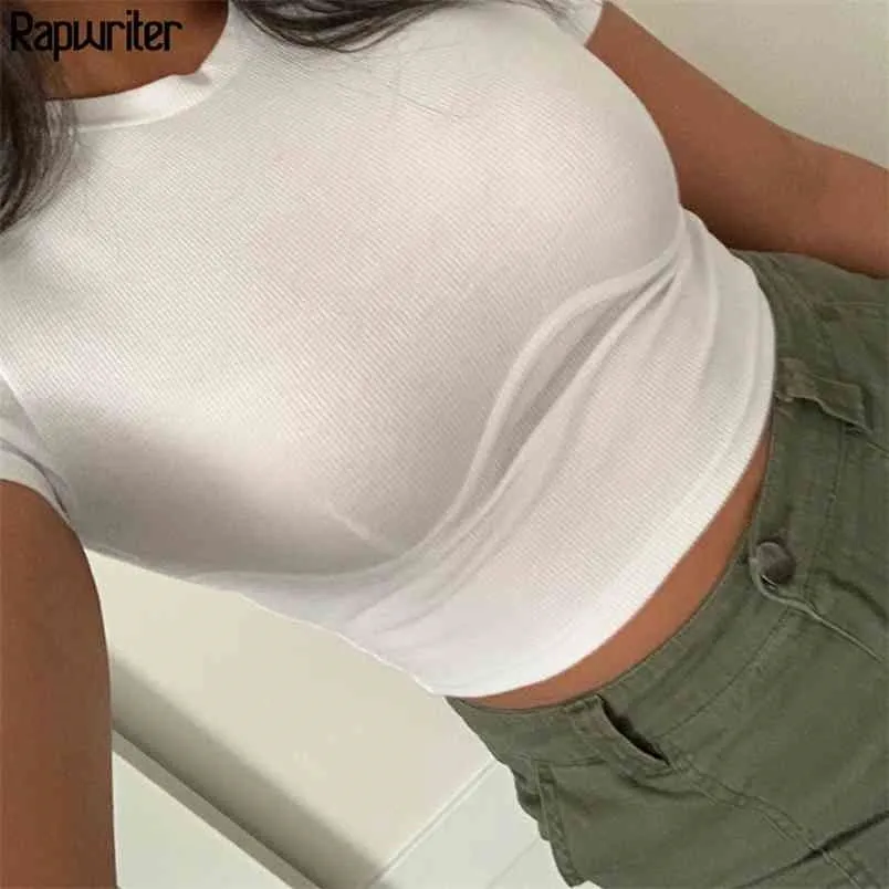 T-shirt bianca basic a costine crop casual T-shirt estiva da ragazza streetwear girocollo manica corta stretch tee top Feminina 210510