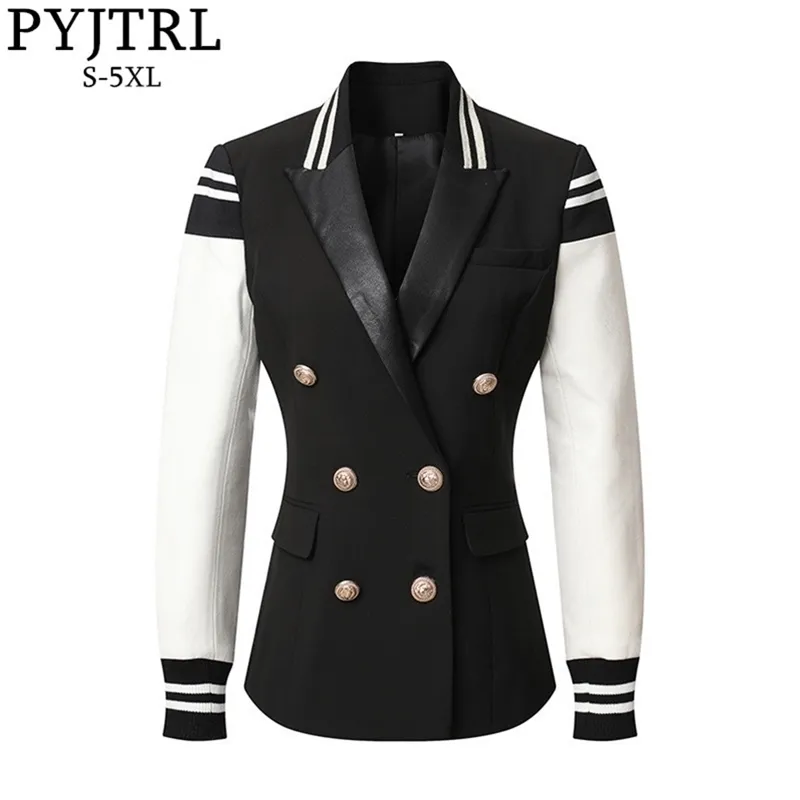 Pyjtrl 여성 패션 캐주얼 가죽 패치 워크 더블 브레스트 재킷 세련된 클래식 Varsity Jacket 210804