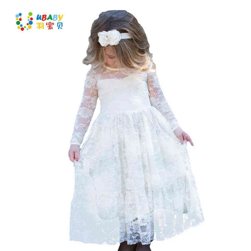 Girl Lace Long Dress Flower For Age 2-12 Baby Kids Princess Formal Wedding Prom Party Dress White/ Beige Big Bow Sweet Clothing G1129