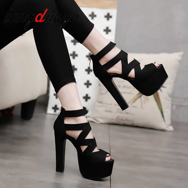 Women Suede Peep Toe Cross Band Platform Chunky Heel Sandal Black Ladies Ankle Strap Ultra High Heel Dressy Sexy Sandal platform X0526