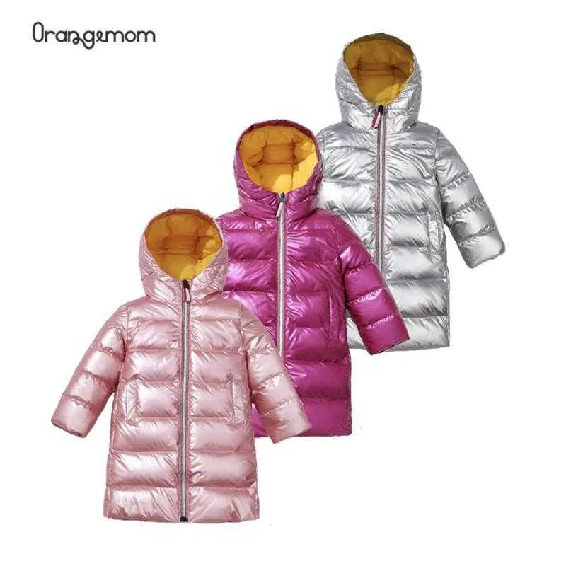 Baby Girl Winter Snowsuit Shiny Color Outerwear With Hooded Soild Long White Duck Down Coats Boys Snowsuit For 3-8 Years Old Kid H0909