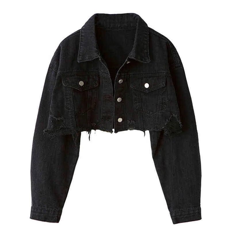 Ordifree Autumn Women Denim Jacket Fashion Streetwear Casual Loose Outwear Black Short Ripped Jeans Jacket Coat Cotton 210928