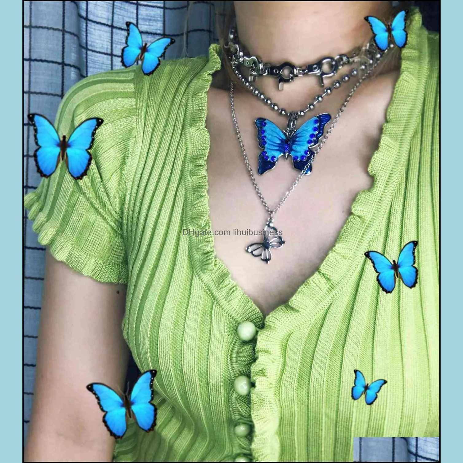 Ins girl Butterfly Pendant Necklaces Women Vintage Harajuku Stainless Steel Letter Beads Choker Cool Girls Punk Sliver Chain Y0309