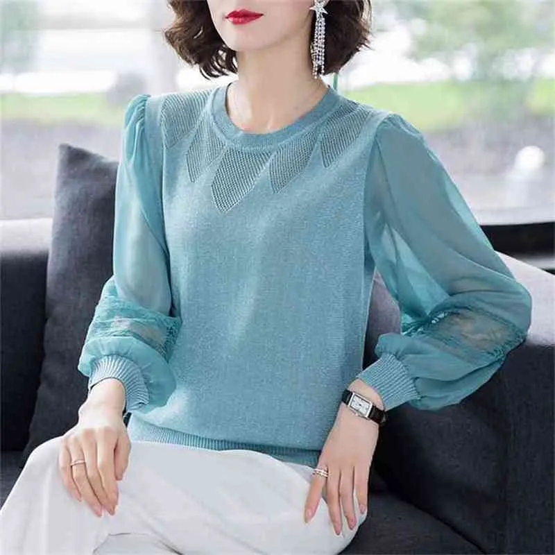Net Yarn Long-sleeved Knitted Bottoming Sweater Women Loose Round Neck Lantern Sleeves Thin Pullover Female Spring 210427