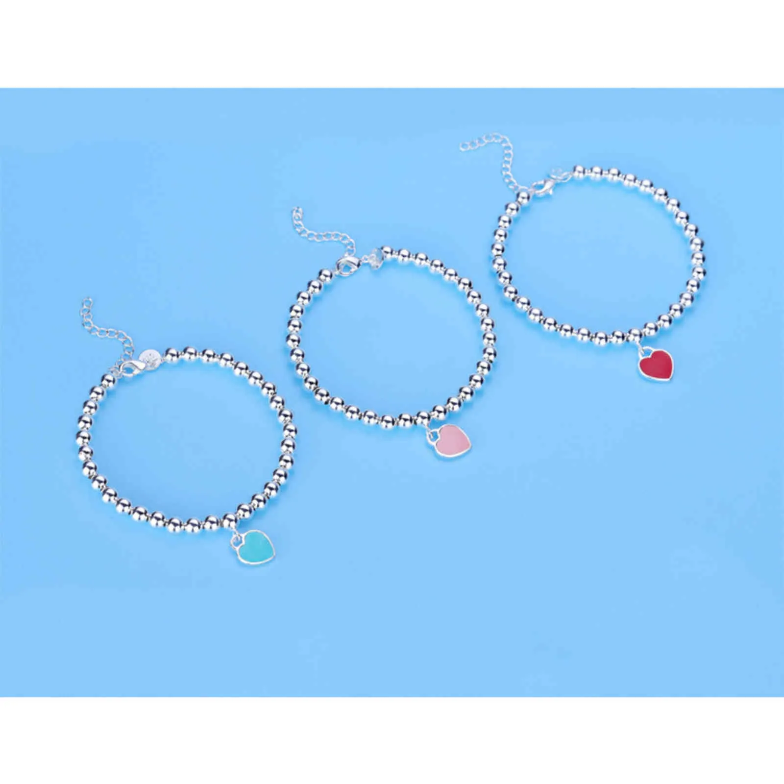 Bracciale con ciondoli in argento sterling S925 con perline rotonde, catena con perline, smalto, ciondolo a forma di cuore, gioielli sociali da donna