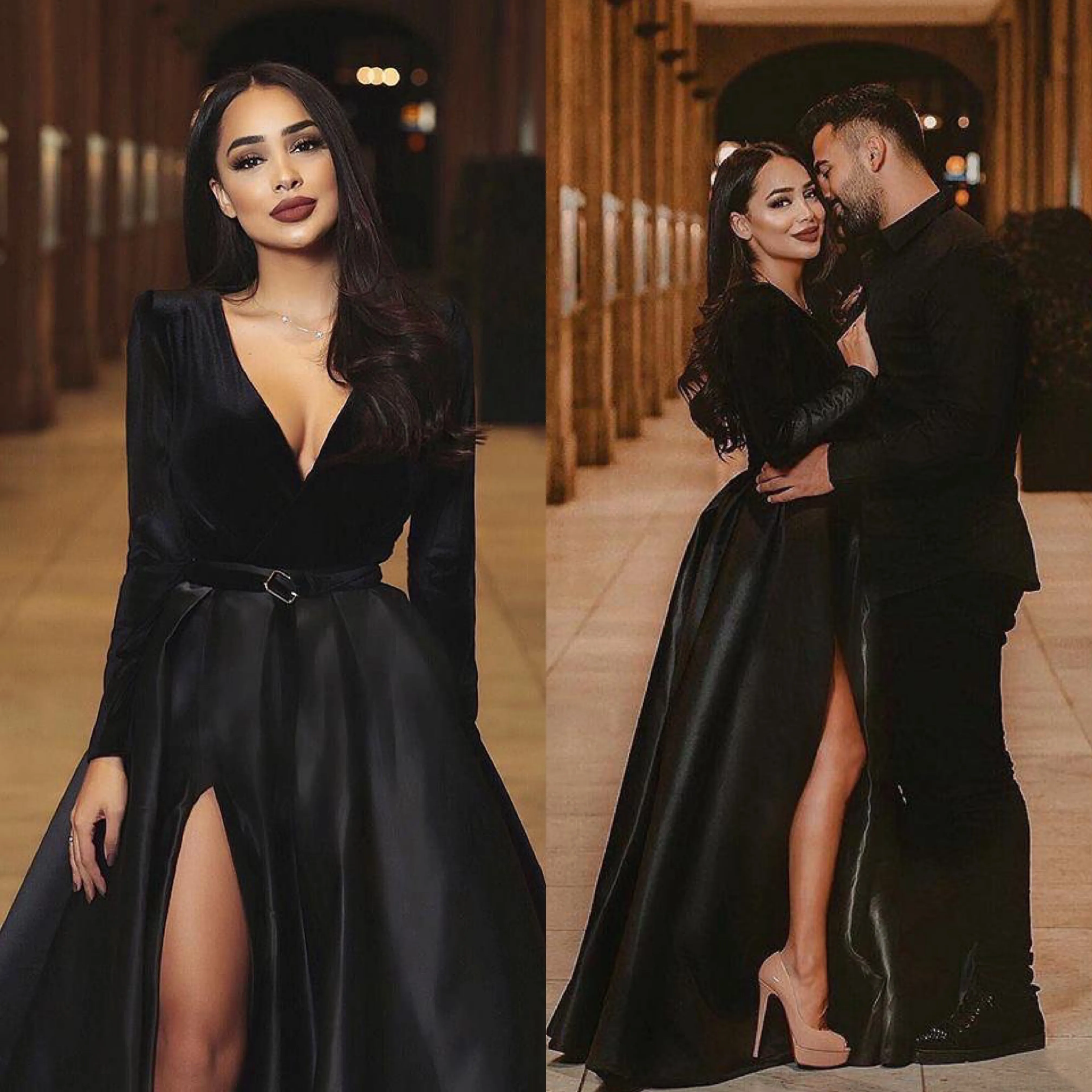 Vestidos de baile preto mangas compridas profundas decote em v Decote em v Divisão de chão de comprimento de piso de cetim uma linha saudita festa formal vestidos de noite 2022