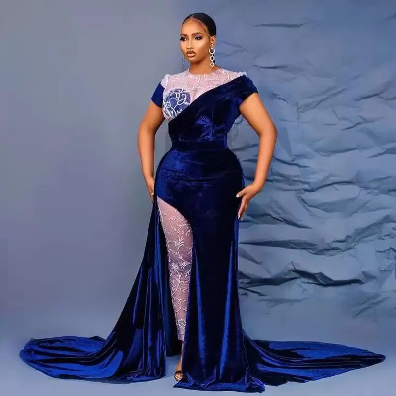 2022 Aracbi Style Blue Velvet Side Split Abiti da sera Due pezzi Manica corta Abiti per occasioni speciali Plus Size Illusion Pants Abito da ballo da donna