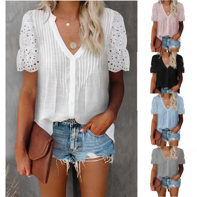 Women V-Neck Top Summer Casual Solid Color Pleated Lace Stitching Short Sleeved Tshirt Elegant Office Loose Hollow Out Clothes Y0621