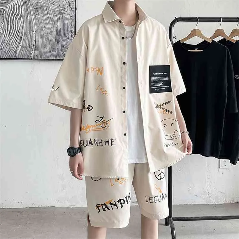 Hybskrr Sommar Stor Storlek Casual Men Chic Suit Koreansk stil Baggy Kortärmad T-shirts Lossa Straight Hip Hop Shorts Man 210722