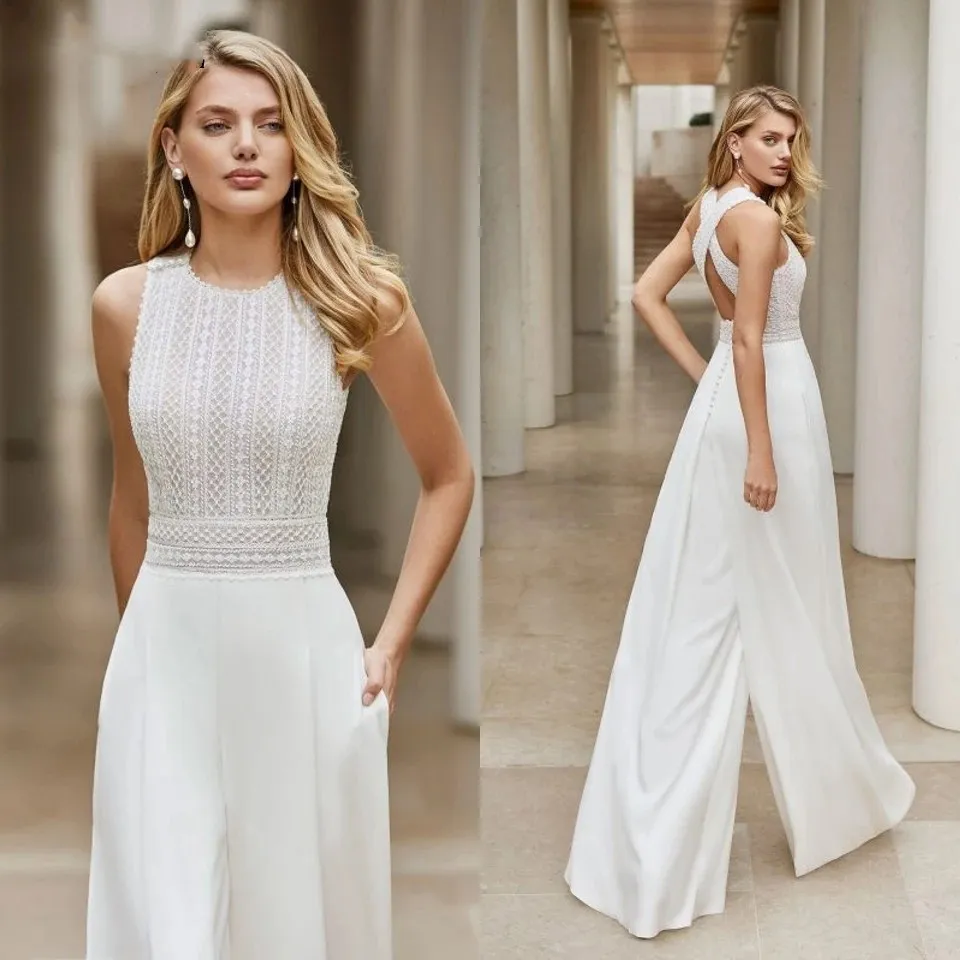 Klassieke Boho Kant Bruiloft Jumpsuit Bevestigingsjurken 2021 Hochzeit Vrouwen Elegante Haak Kant Chiffon Beach Bridal Pant Suit Jurk