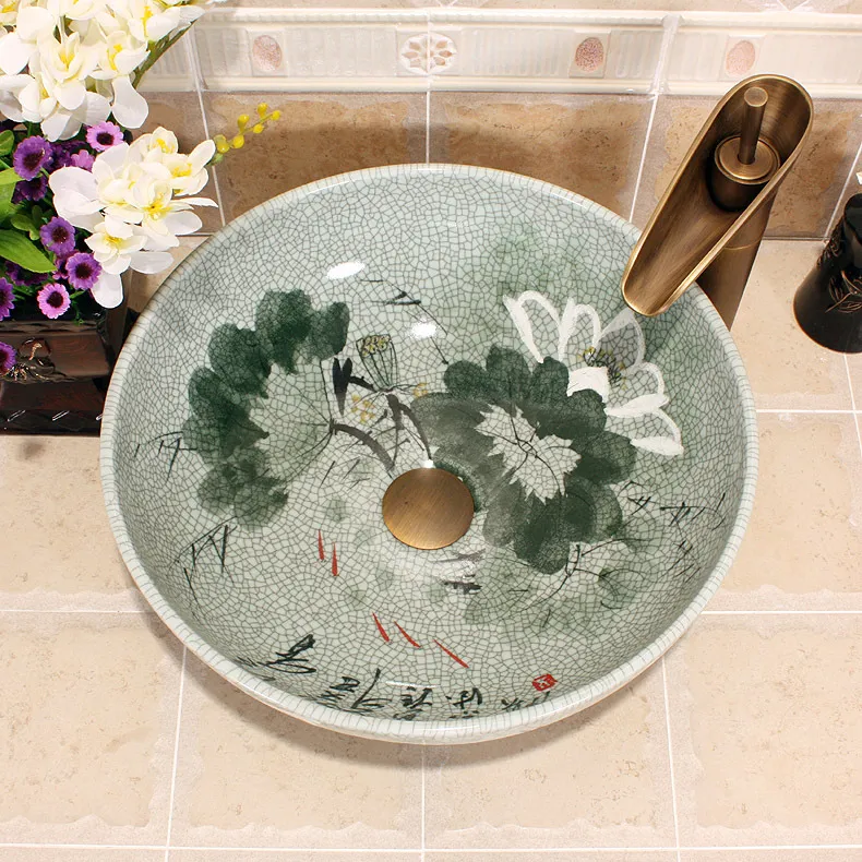 Lavabo artistique en céramique fait à la main, Design Lotus craquelé, lavabo artificiel rond à comptoir