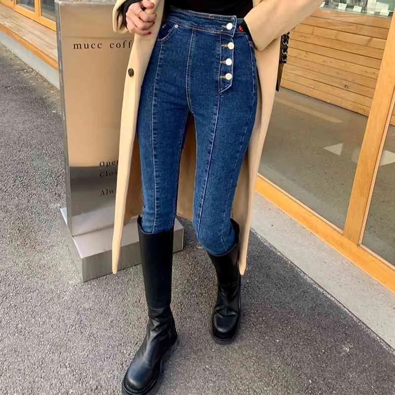 Qooth High Waist Double Breasted Classic Basic Denim Pants All-match Chic Simple Skinny Slim Spring Jeans QT455 210518