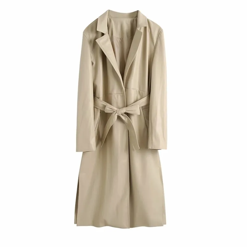 Elegant women leather trench coat autumn fashion ladies v-neck sashes streetwear female beige girls chic 210427