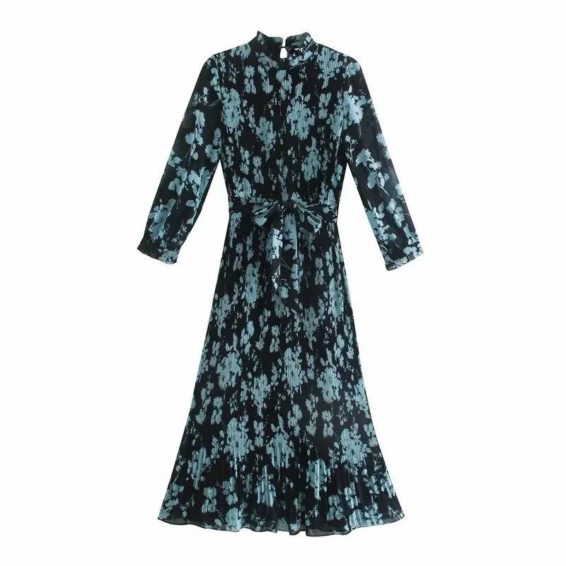 Women Floral Print Pressed Pleat Chiffon Dress Vintage Femme Nine Quarter Sleeve Loose Clothes Casual Lady Vestido D6533 210430