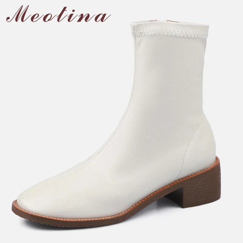 Meotina Donna Stivaletti Scarpe Punta quadrata Tacco alto Stivaletti elasticizzati Tacchi spessi Cerniera Stivali da donna Autunno Beige Marrone 39 210520