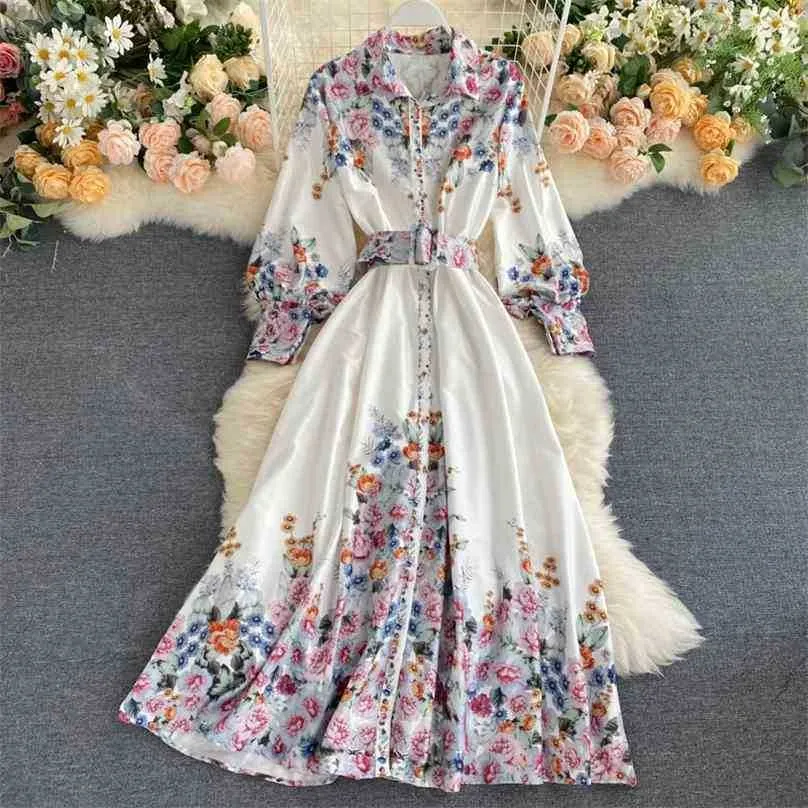 Women Vintage Long Dress Spring Summer Sleeve With Belt Bandage es Ladies Floral Print Blouse Beach Maxi 210525