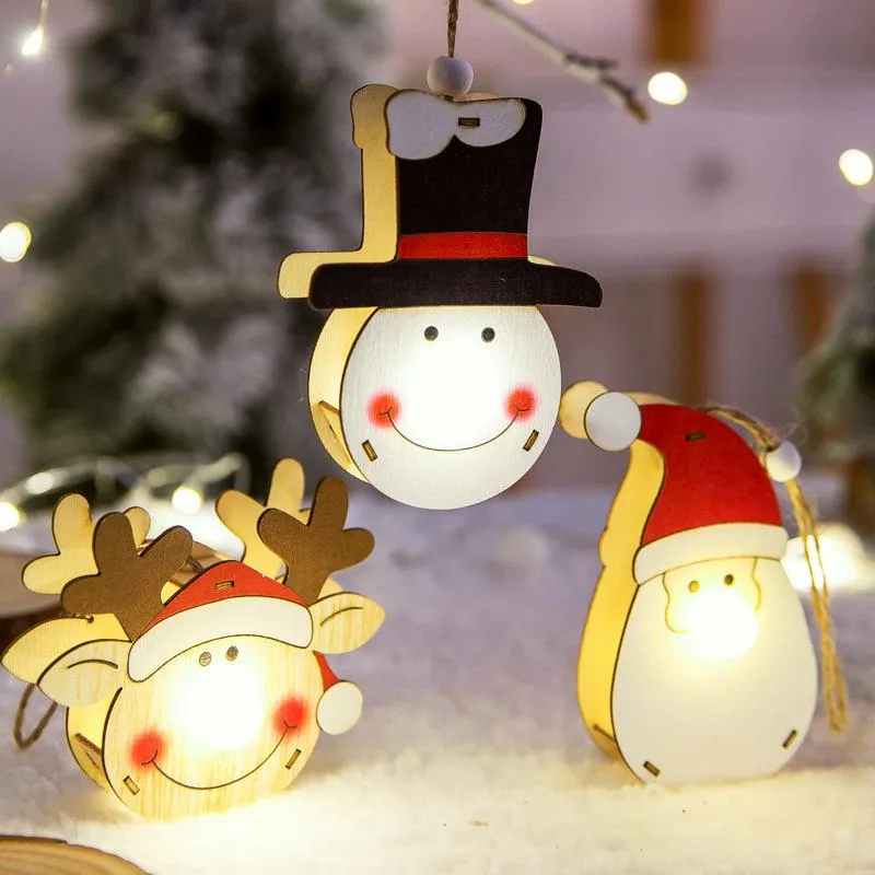Wooden Christmas Light Pendants Santa Snowman Moose Shaped Warm Lights New Year Home Decorations