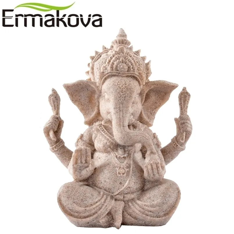 Ermakova 13cm (3,5 ") Alto Indiano Ganesha Estátua Fengshui Escultura Natural Sandstone Artesanato Figurine Home Desk Decoração Presente 211108