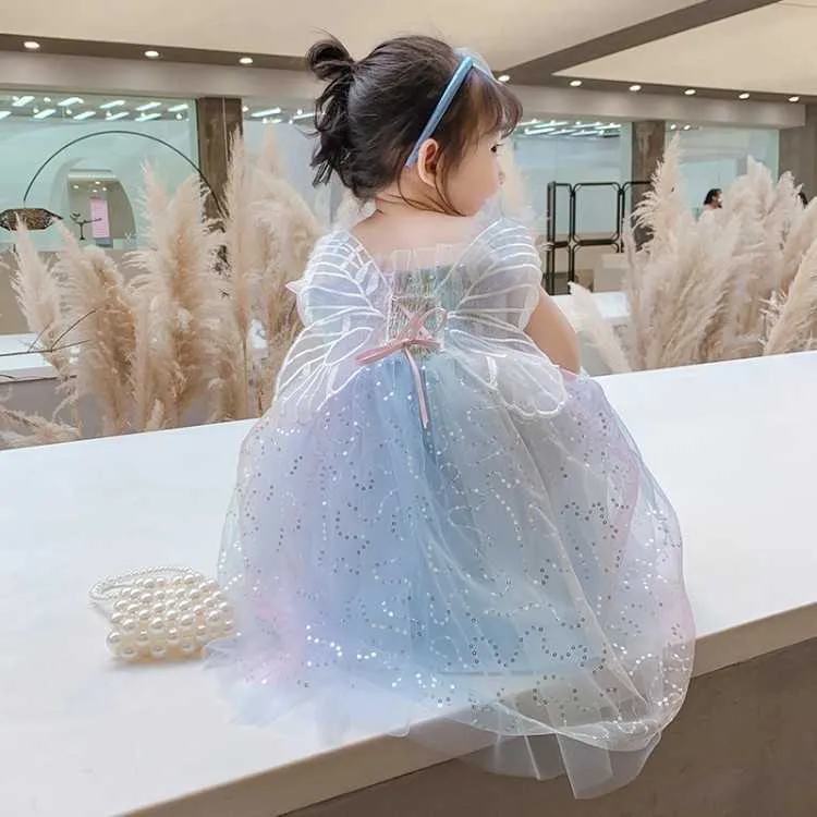 Vestido de aniversário da princesa do conto da fada da criança com borboleta para roupas de lantejoul do verão do arco-íris das meninas 210529