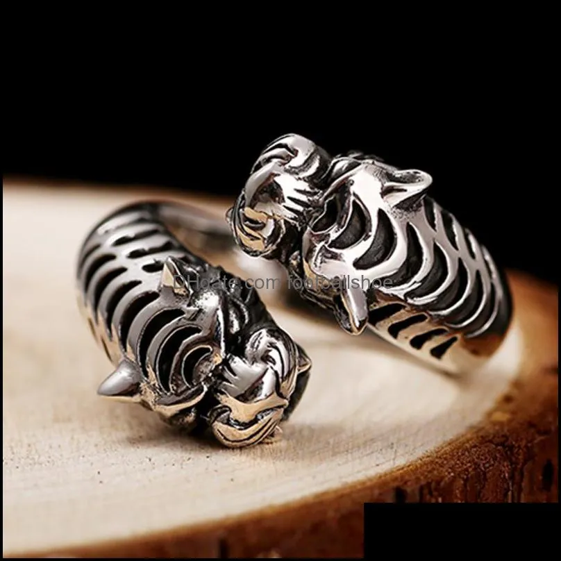 ZABRA 100% Real 925 Sterling Silver Big Opening Men Ring Vintage Black Two Tigers Head Punk Rock Gothic Style Silver Men Jewelry Y1128
