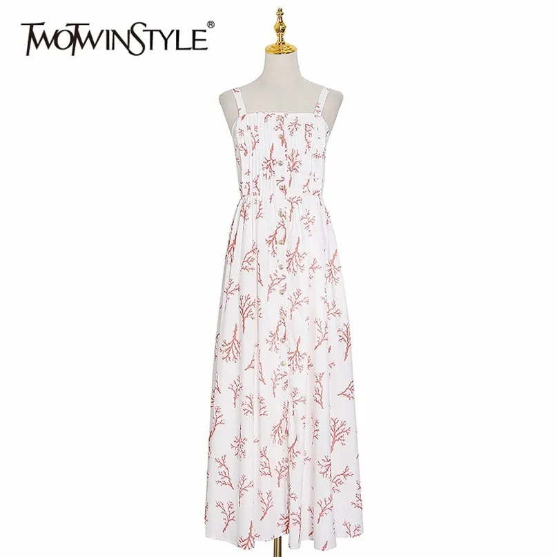 Elegante print jurken vrouwelijke vierkante kraag spaghetti riem hoge taille side split hit kleur zomerjurk vrouwen 210520