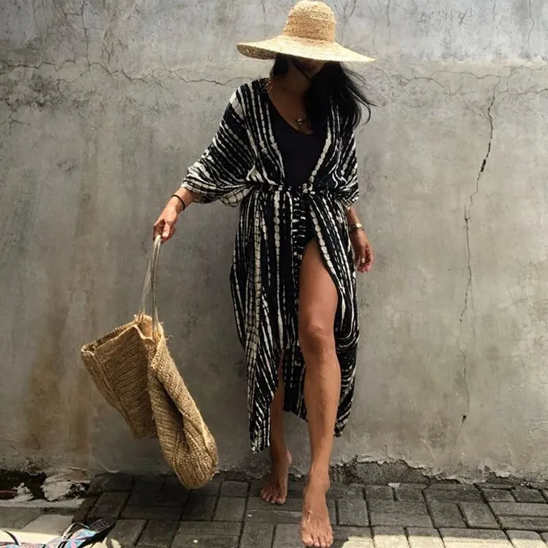 Black And White Stripe Cardigans For Women Tie Dye Cotton Kimono With Detachable Belt Versatile Effortless Loose Flowy AiryCoats Women's Tre