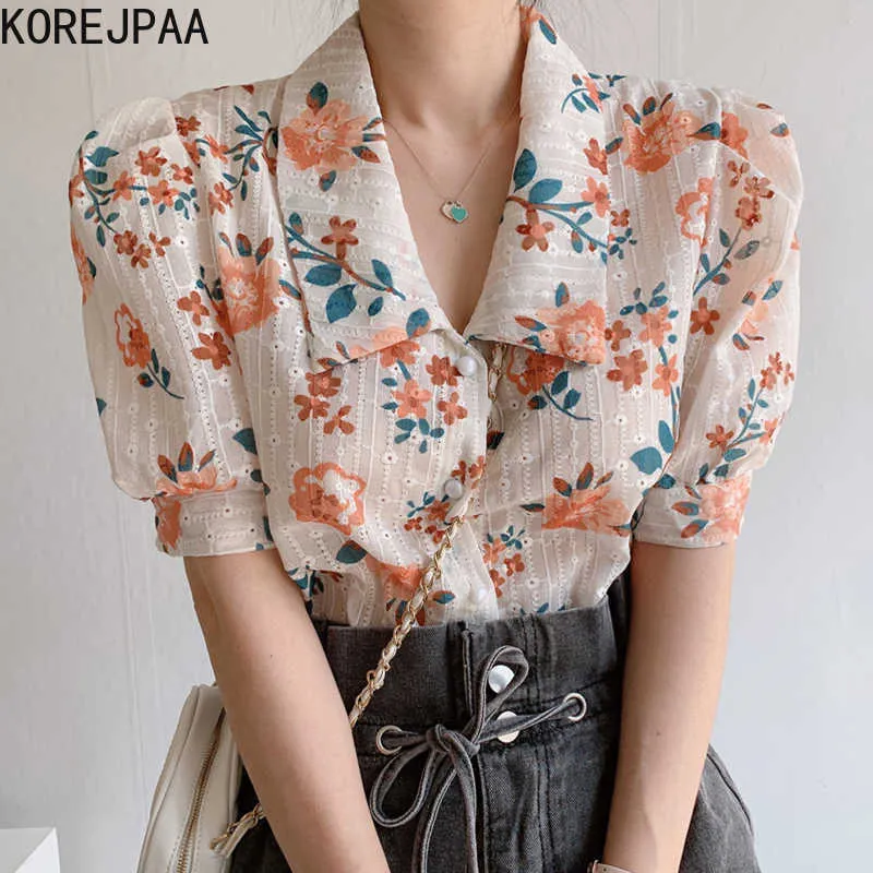 Korjpaa Kvinnorskjorta Sommar Koreanska Chic Ladies Lapel Single-breasted Broderad Cutout Loose Floral Puff Sleeved Blouses 210526