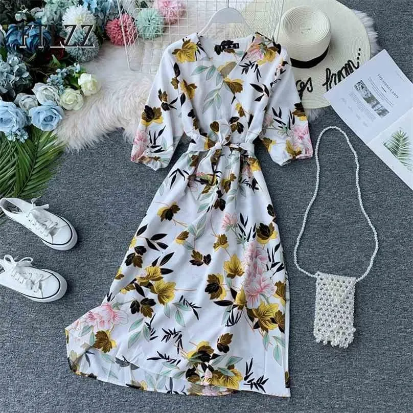 ファッション女性Vネックドレス春夏の半袖ビンテージ花柄プリントMidi女性ビーチボヘミアンスタイルローブ210525