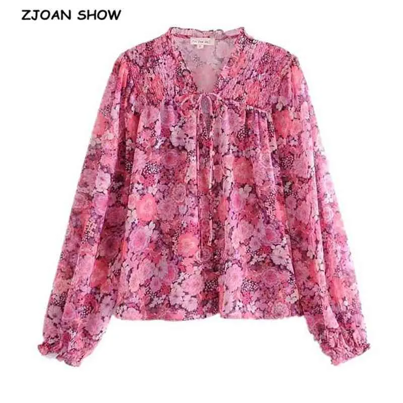 Laço romântico colarinho rosa floral cópia camisa elegante mulher única-breasted manga longa blusa doce tops blousas 210429