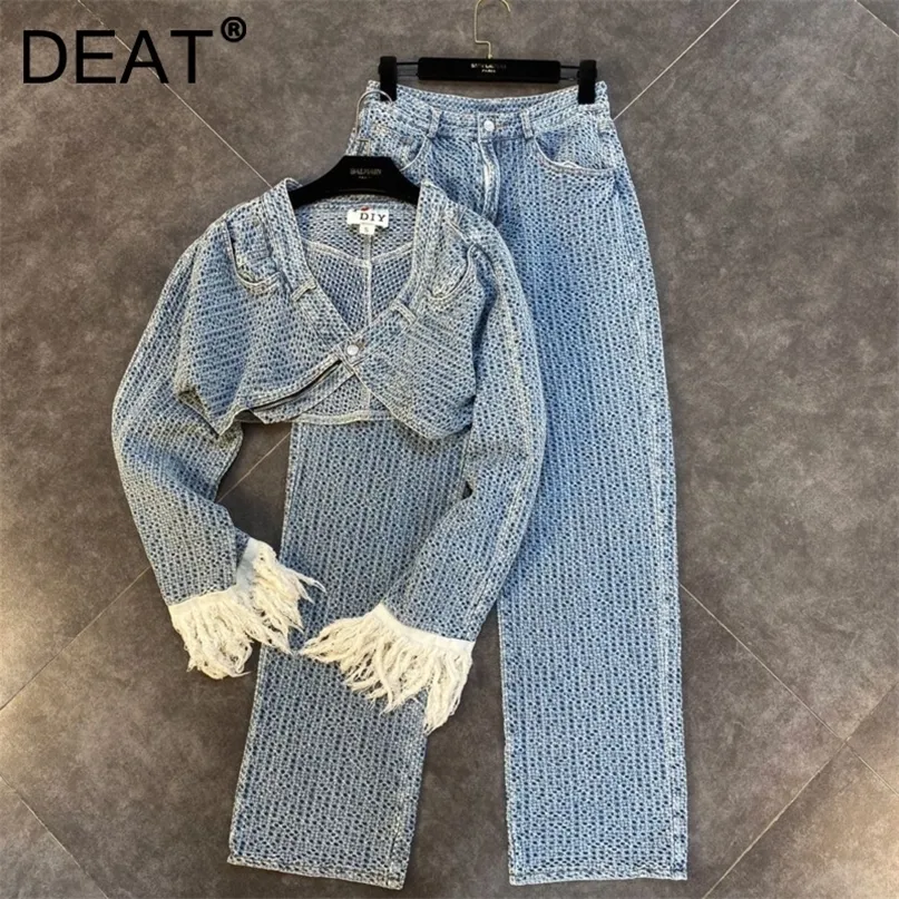 Deat Spring Ankomster Lång Tassel Sleeve Singelknapp Denim Kort Jackethigh Midja Full Jeans Två Piece Set Kvinnor MK359 220315