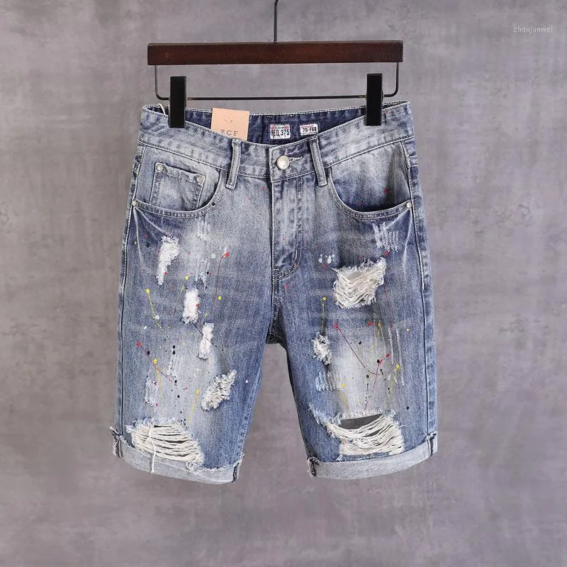 Estilo de marca 2022 Men Jeans Fit Straight Retro Azul Destructo Distinistador de pintura corta Hip Hop Denim Shorts hombre