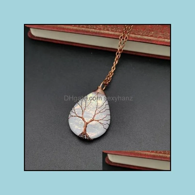 Copper Wire Winding Water Drops Tree of Life Color Change Ripple Necklace Energy Stone Necklace